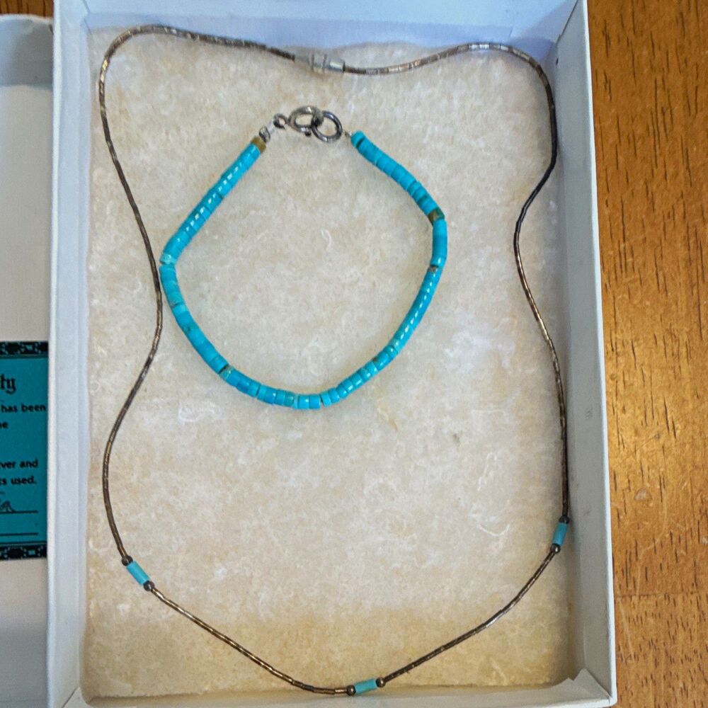 Santo Domingo Handmade Turquoise Heishi Beaded 925 Sterling Silver Necklace 16"